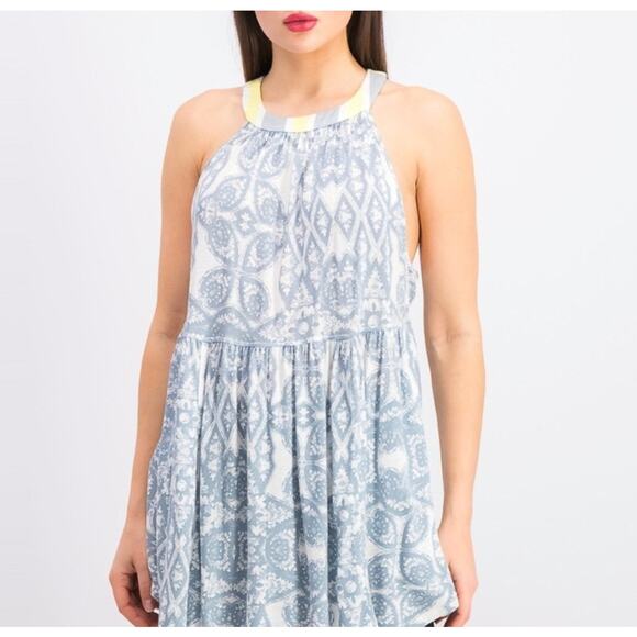 Free People Mimi Tunic Top Small Blue White Linen Blend Tank Flowy Loose Boho - Picture 12 of 12